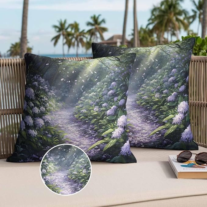 Purple Floral Outdoor Waterproof Throw Pillow Covers Set of 2, 18"x18", Spring Landscape Scenery Nature Decorative Pillow Covers Outside Cushion Case for Patio Porch Garden