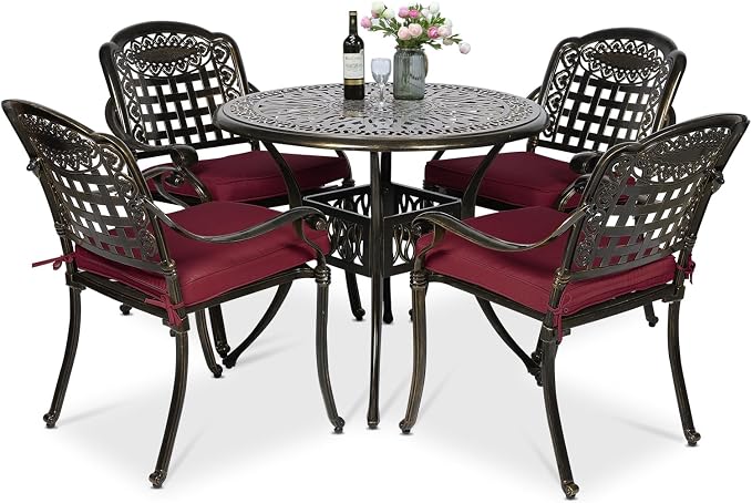 VIVIJASON 5-Piece Patio Furniture Dining Set, All-Weather Cast Aluminum Outdoor Conversation Set, Include 4 Cushioned Chairs and a 35.4" Round Table w/Umbrella Hole for Balcony, Garden, Red Cushion