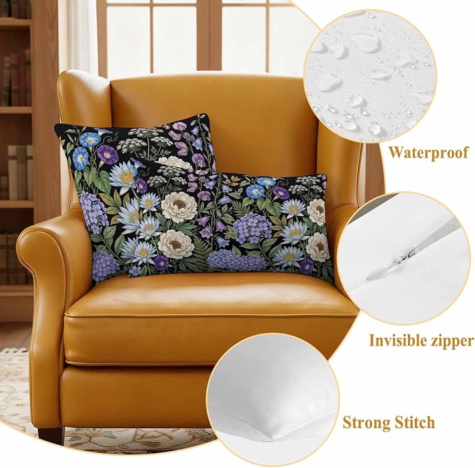 Water Lily Hydrangeas Ferns Outdoor Pillow Covers 26"x26" Set of 2, Botanical Vintage Waterproof Throw Pillow Covers for Patio Furniture, Decorative Cushion Covers for Porch