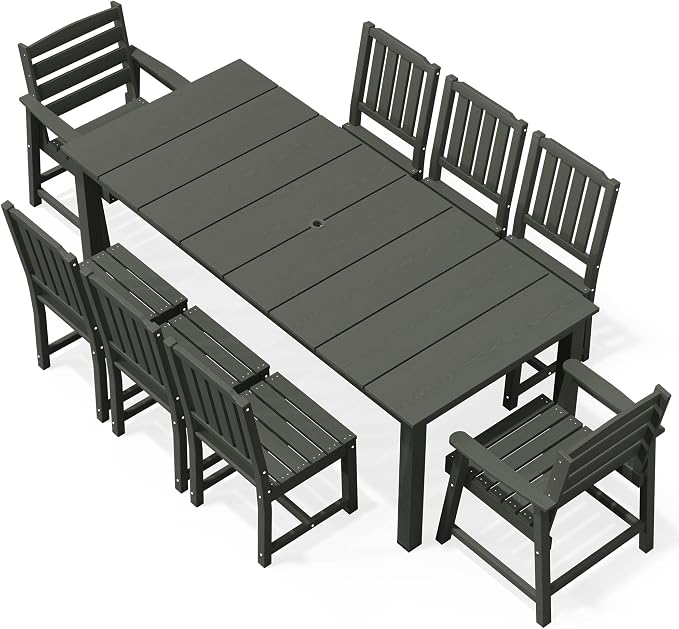 AreShark 9-Piece Outdoor Dining Set,HDPE Patio Table with 8 Chairs,All-Weather Patio Furniture Set with Umbrella Hole,Low Maintenance Wood Grain Dining Set for Backyard,Garden,Poolside,Gray
