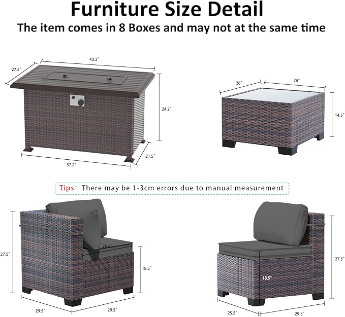 Outdoor Patio Furniture Set with Fire Pit Table, 15 Pieces Outdoor Furniture Set Patio Sectional Sofa w/43in Propane Fire Pit, PE Wicker Rattan Patio Conversation Sets - Gery.