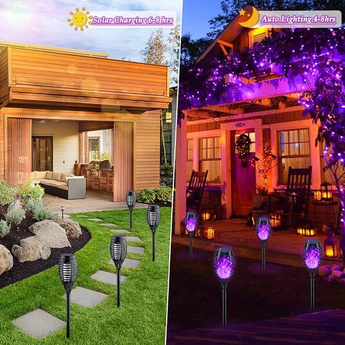 16Pack Purple Solar Halloween Lights for Halloween Decorations Outdoor | Halloween Solar Lights Outdoor with Flickering Flame, Waterproof Torches for Outside, Scary Halloween Yard Pathway Decoration