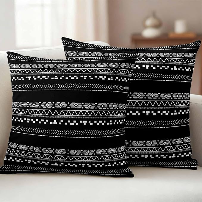 Outdoor Pillow Covers Set of 2, Lines Stripe Diamond Triangle on Black Decorative Throw Pillow Covers 16X16IN, Ethnic Tribal Pattern Throw Pillows Protector Cushion Case for Patio,Couch,Sofa,Garden