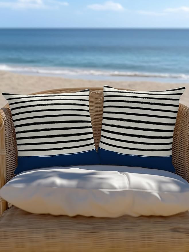 Waterproof Outdoor Pillow Set of 2 Black Stripes Decorative Throw Pillows Cover & Insert 18x18 Inch Pillowcase Navy Blue Striped Lines Square Pillows for Couch Sofa Bed Patio Furniture Indoor Outdoor