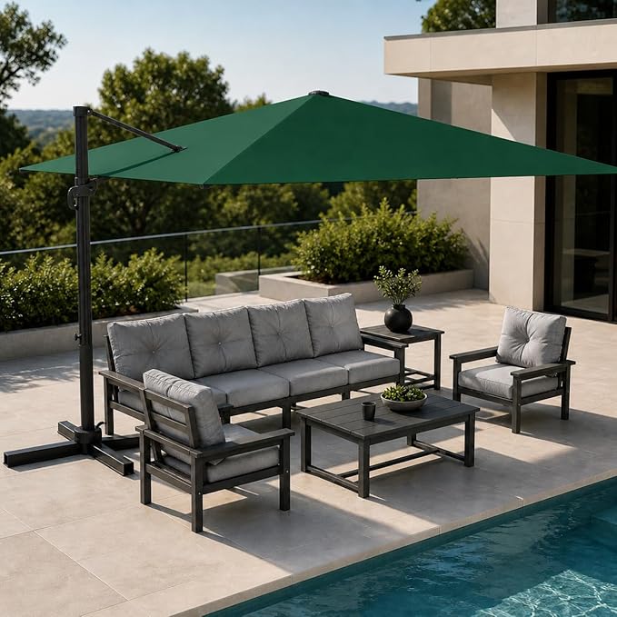 Kingdura 10' X 10' Cantilever Patio Umbrella with Base Included, Large Square Aluminum Outdoor Offset Umbrella with 360-degree Rotation, 4 Position Tilt, UV Protection for Pool Deck Garden Patio (Dark green)
