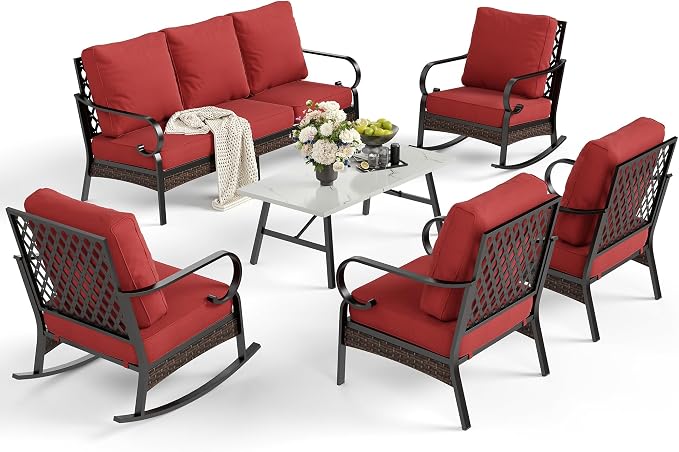 SUNSHINE VALLEY 6 Piece Metal Outdoor Patio Furniture Set, Patio Conversation Set with Rocking Chair and 5.75" Thick Cushion & Coffee Tabl, Outdoor Seating Black Frame Backyard Furniture, Rust Red
