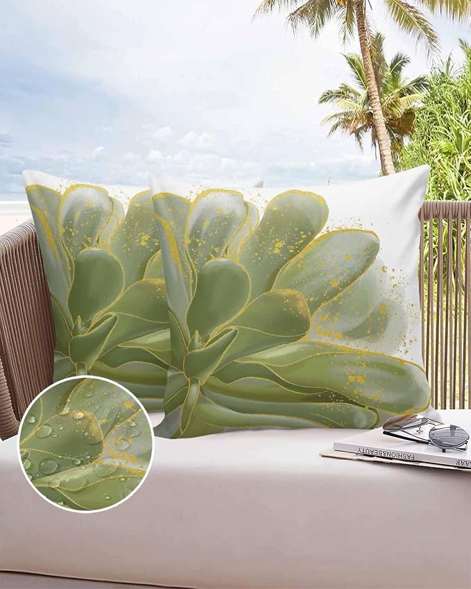 Vandarllin Outdoor Throw Pillows Covers 20x20 inch Set of 2 Waterproof Sage Green Watercolor Floral Decorative Zippered Cushion Covers for Patio Furniture, Golden Lines Lumbar Pillowcases
