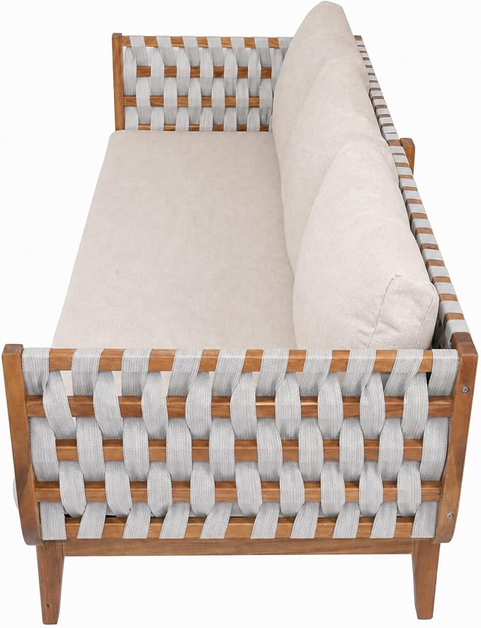 Christopher Knight Home Gwen 5 Piece Acacia Wood Patio Conversation Set with Sofa, Coffee Table, Ottoman and Club Chairs, Patio Sofa Set with Cushions, Outdoor Patio Furniture Set for 6,Teak+Beige