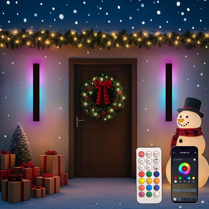 Modern Outdoor RGB Wall Lights, 2 Pack 31.5 Inch RGB Dimmable Long wall Light, Ip65 Waterproof Black Linear Exterior Wall Sconce with Remote and APP Control for House, Garage, Porch