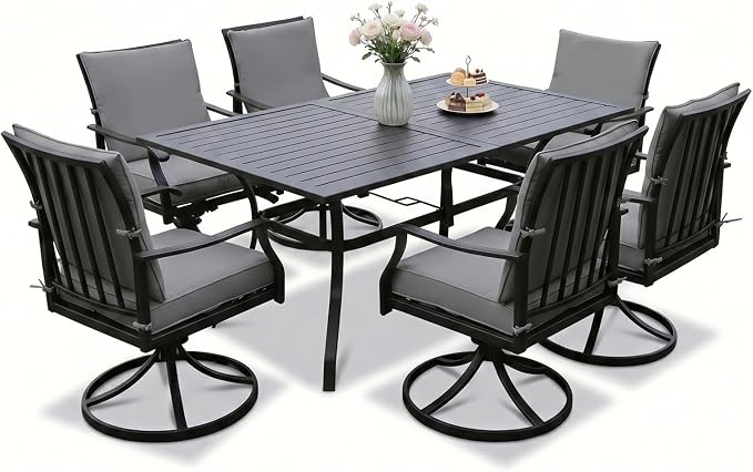 LVUYOYO 7-Piece Outdoor Patio Dining Set, Metal Swivel Chair & Rectangular Table Set, All-Weather Furniture for Backyard, Garden,Balcony,Porch (Gray)