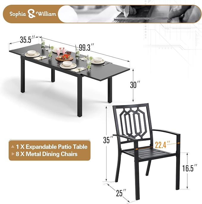 Sophia & William Patio Table and Chairs Set, Outdoor Dining Set for 8, 9 Piece Metal Patio Furniture, 99" Expandable Black Rectangular Table(Geometry)