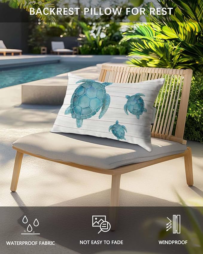 Ocean Coastal Beach Teal Sea Turtle Outdoor Head Pillows for Recliner Chair,Pack of 2 Waterproof Throw Pillow Cushion Cases with Insert&Elastic Strap,Farm Rustic Wooden Plank Pillow for Patio Beach