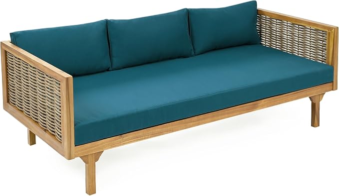 Christopher Knight Home Charm Patio Conversation Set, 3 Seater Acacia Wood Sofa, Spacious Seating Wicker Armrest Chair, Wood Coffee Table, Round Side Table, Outdoor Furniture for Garden, Dark Teal