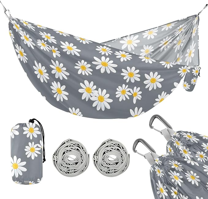 Camping Hammock Outdoor Hammocks for Outside Daisy Gray Beach Trees Portable Lightweight with Pockets Tree Straps Indoor Small