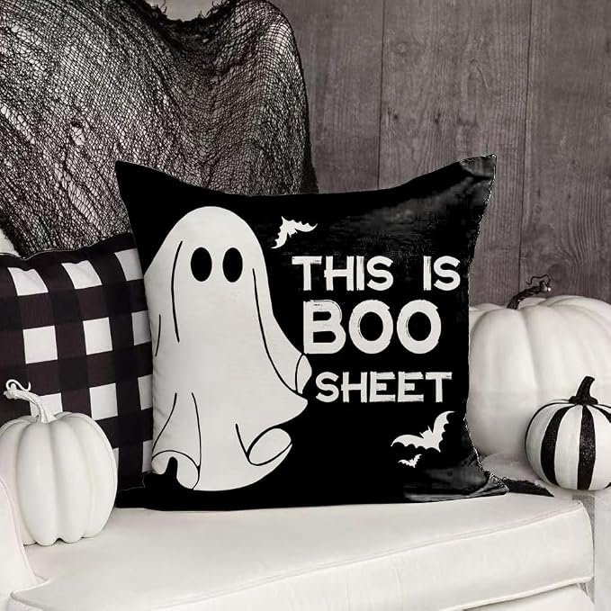 RABUSOFA Halloween Pillow Covers 20x20 Inch Halloween Decorations Outdoor | Waterproof Set of 4,Spooky Ghost Bat,Hocus Pocus Quote Decor,Black and White,Supplies Accessories for Home Couch Party