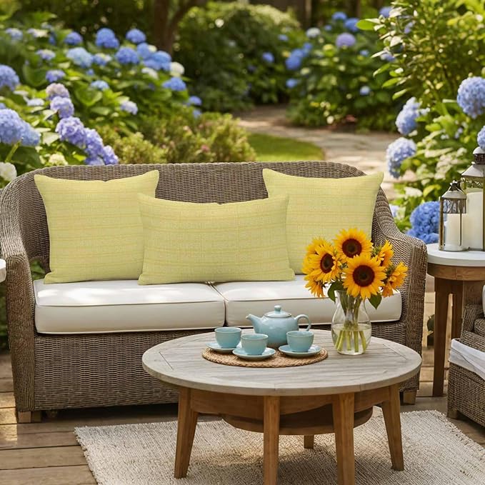 Outdoor Waterproof Throw Pillow Covers Set of 2 Yellow Stripes Grain Lumbar Pillowcases 20x12 Inches Solid Color Decorative Pillows Cushion Case Patio Pillows for Couch Bed Chair Garden