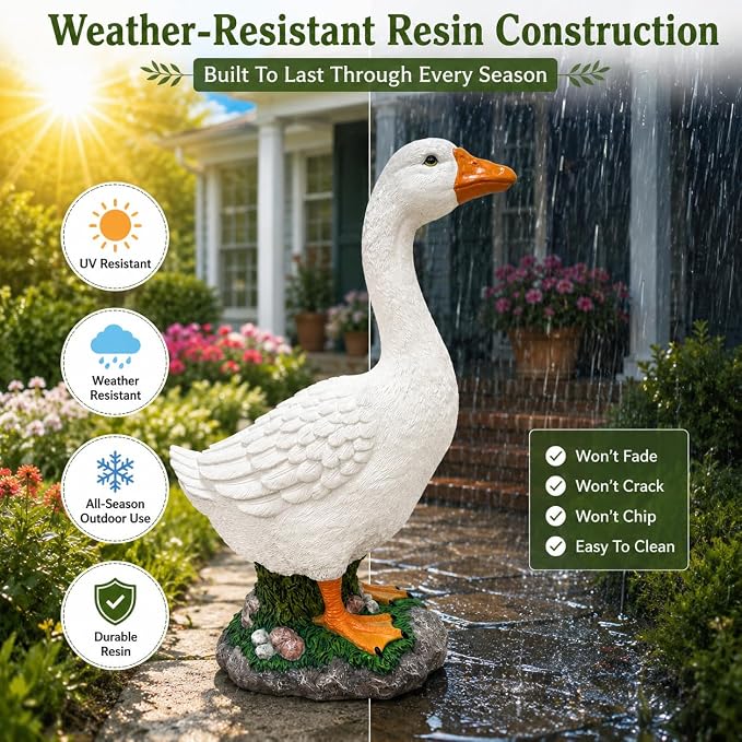 23 Inch Porch Goose Statue, Large White Resin Goose Outdoor Garden Decor with Realistic Feather Details - Indoor Outdoor Yard Lawn Patio Decoration, Perfect Housewarming Gift (23 Inch)