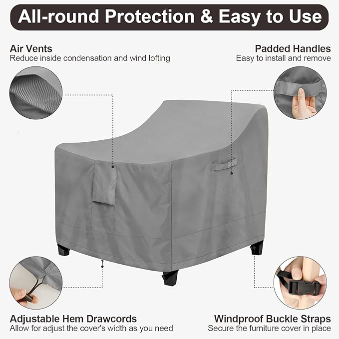 PureFit Outdoor Chair Covers Waterproof 2 Pack Patio Furniture Lawn Chair Covers for Outdoor Furniture with Air Vent and Padded Handles, Fits up to 30W x 37D x 31H Inches, Gray