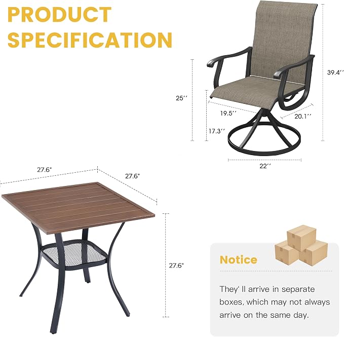 VICLLAX 3 Pieces Patio Dining Set for 2-28" Square Small Outdoor Table and 2 Patio Swivel Chairs for Lawn Garden, Walnut Tabletop and Mixed Brown Fabric