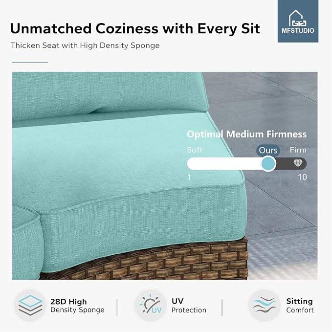 MFSTUDIO 9 Seat Wicker Patio Furniture Set, All-Weather Extra Large Rattan Patio Conversation Set, 4 x Armrest Chair, 3-Seat Sofa, 2 x Ottoman, Outdoor Sectional Sofa for Backyard(Aqua Blue Cushions)