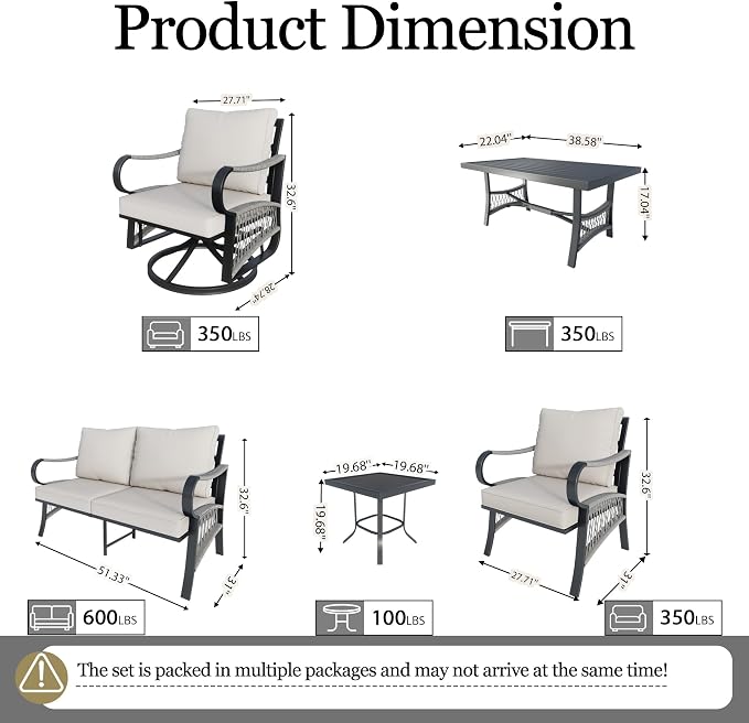 7 Pieces Patio Conversation Sets, All-Weather Metal Swivel Rocking Chairs with Rope Furniture Set, Outdoor Sofa Couch for Deck, Porch, Garden, Backyard, Poolside (Beige Cushions)