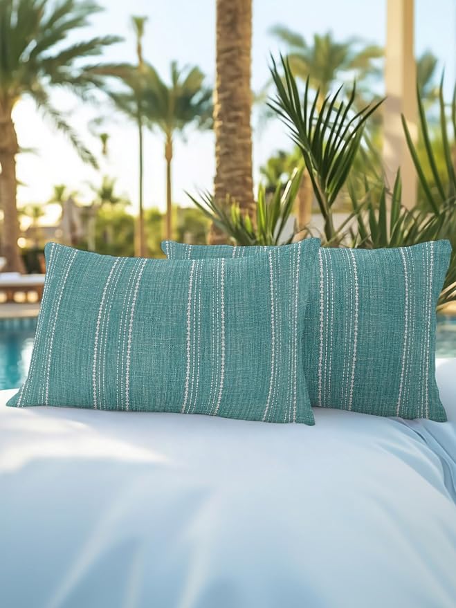 Waterproof Outdoor Pillow Set of 2 Teal Linen Stripes Decorative Throw Pillows Cover & Insert 20x12 Inch Lumbar Pillowcase Parallel Vertical Lines Pillows for Couch Sofa Bed Patio Furniture