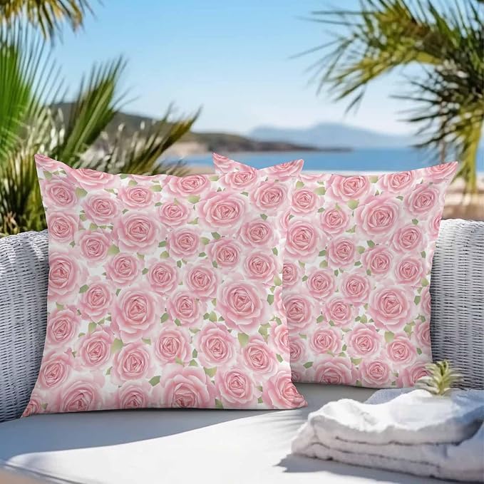 Vandarllin Outdoor Throw Pillows Covers 16x16 inch Set of 2 Waterproof Pink Rose Floral Decorative Zippered Cushion Covers for Patio Furniture, Flowers Leaves Plants Lumbar Pillowcases