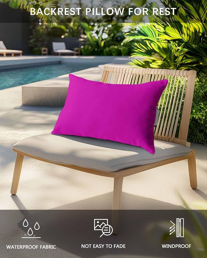 Chaise Lounge Chair Pillow with Strap & Insert Rosy Red Outdoor Recliner Head Pillow Pack of 2 Solid Pink Color Waterproof Headrest Patio Lumbar Pillow for Beach Pool Office Chair 12x20 Inch