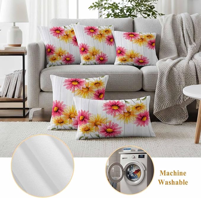 Yellow Pink Daisy Outdoor Pillow Covers 20"x12" Set of 2, Rustic Farmhouse Wooden Slats Waterproof Throw Pillow Covers for Patio Furniture, Decorative Cushion Covers for Porch