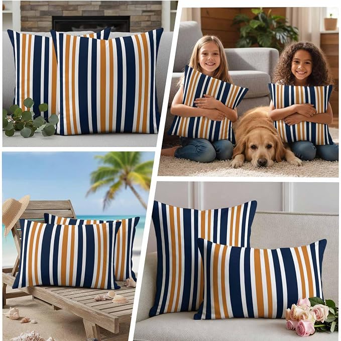 Waterproof Pillow Covers Set of 2,Orange Dark Blue Striped Outdoor Pillow Protectors with Zipper Pillowcases for Patio Tent Garden Beach 18x18 Inches Modern Minimalist Art
