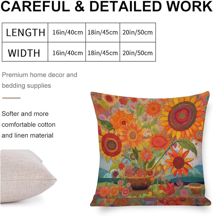 Throw Pillow Cover Retro Yellow Flower Pillow Case Colorful Painting of Sunflowers Decorative Throw Pillow Covers Modern Decorative Pillow Covers for Couch Sofa Bedroom Car 18"x18"