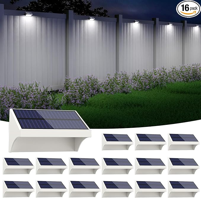 NIORSUN Outdoor Fence Lights, 16 Pack Waterproof LED Solar Fence Lights with 1500mAh Battery, Warm White/Cool White/RGB, Easy-to-Install Wall Light for Deck, Patio, Railing, Stairs, Backyard – White