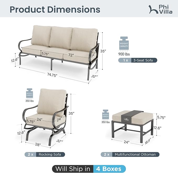 PHI VILLA 5 Pcs Patio Furniture Set with 1 x 72 Padded Deep Seating Bench Sofa, 2 x Cushioned C-Base Sofa Chairs and 2 x Metal Cushioned Ottoman, Outdoor Deluxe Furniture Patio Set for Backyard