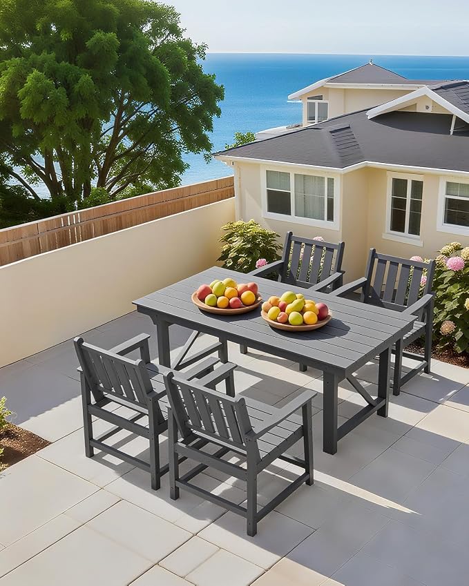 Outdoor Patio Dining Set, 5-Piece Rectangular HDPE Dining Table with Umbrella Hole and 4 Chairs, Modern Patio Furniture Dining Sets for Poolside, Deck and Garden, Gray