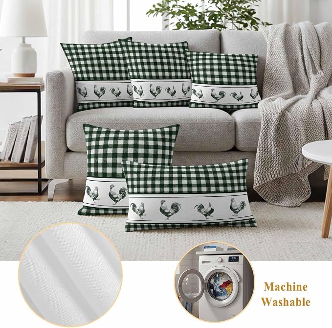 Outdoor Waterproof Throw Pillow Covers Set of 2 Chicken Cock Rooster Pillowcases 18x18 Inches Farmhouse Animal Green Buffalo Plaid Decorative Pillows Cushion Case Patio Pillows for Couch Bed Chair