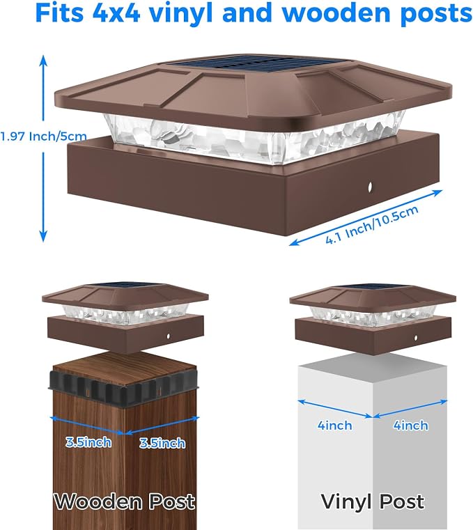 6 Packs 4x4 Post Solar Lights with 3 Modes, Waterproof LED Solar Cap Lights for 4×4/3.5×3.5 Wood/Vinyl Posts, Brown Post Top Lighting Outdoor for Fence Deck Mailbox Porch Railing
