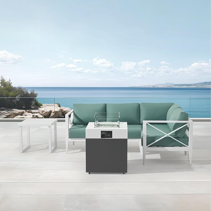 Aluminum Patio Sectional Set with Fire Pit Table – 4-Seat Outdoor Conversation Sofa Set with Corner Seat & 37,000 BTU Gas Firepit, Glass Wind Guard, Weather-Resistant – White