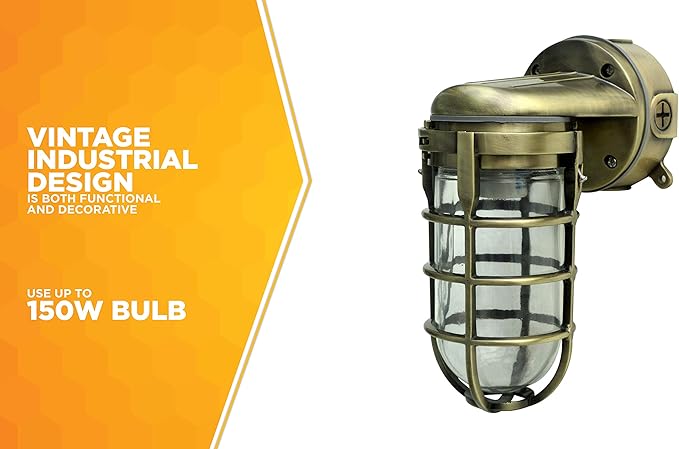 Woods L1707SVAB Traditional 100W Incandescent Weather Industrial Light; Suitable for Indoor and Outdoor Use; Wall Mount; Metal Die Cast Construction and Tempered Glass Lens; Antique Brass