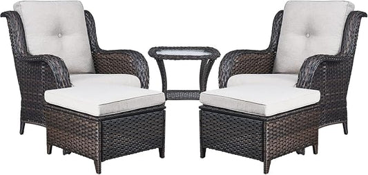 Rilyson Wicker Patio Furniture Set - 5 Piece Rattan Outdoor Sectional Conversation Sets with 2 Chairs,2 Ottomans and 1 Side Table for Porch Deck Garden(Brown/Beige)