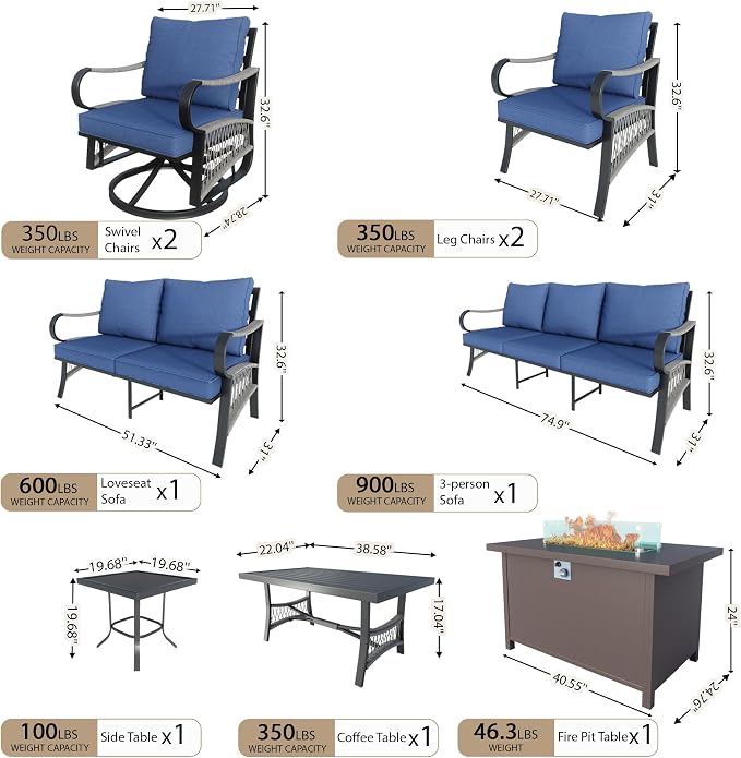 9 Pieces Modern Patio Furniture Set, All Weather Metal Outdoor Conversation Sets with Fire Pit Table for Backyard Garden Deck Porch Poolside, Blue