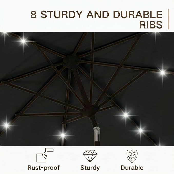 Kingdura 10FT Outdoor Patio Umbrella with Solar Lights, Market Table Umbrella with Push Button Tilt & Crank, 8 Sturdy Ribs, 32 LED Lights, UV Protection for Garden Lawn Deck Backyard Pool (Black)