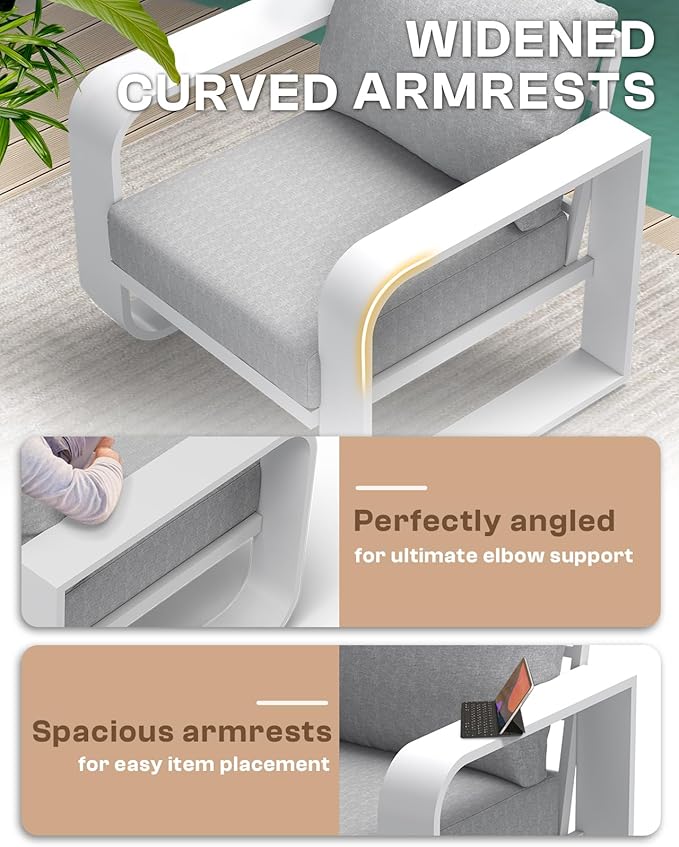 Oversized Aluminum Outdoor Furniture Set, Extra Large Patio Furniture Sofa Set 4.8” Widened Armrest & Ultra-Thick Cushions, 4 Pcs Modern Patio Sectional for Backyard, Porch, White
