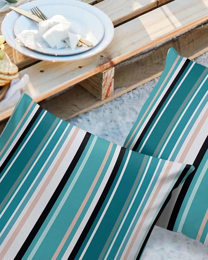 Outdoor Waterproof Pillow Covers for Patio Furniture Simple Stripe Decorative Throw Pillow Cover Geometric Pattern Pillowcases Set of 2 Cushion Case for Sofa Couch Chair Home Decor 16x16 inch