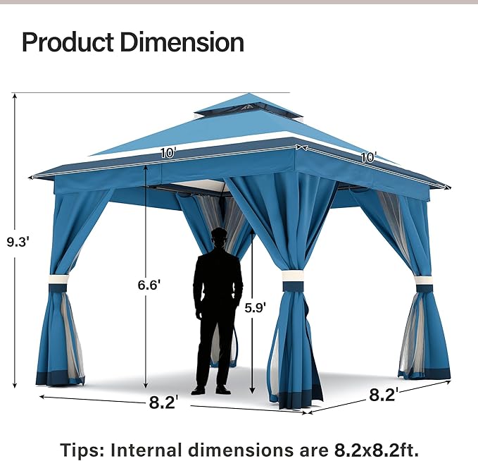 LAUSAINT HOME 10'x10' Outdoor Gazebo, Metal Frame Heavy Duty Patio Canopy Tent Shelter with Double Roofs, Mosquito Nettings and Privacy Screens for Backyard, Garden, Lawn, Steel Blue