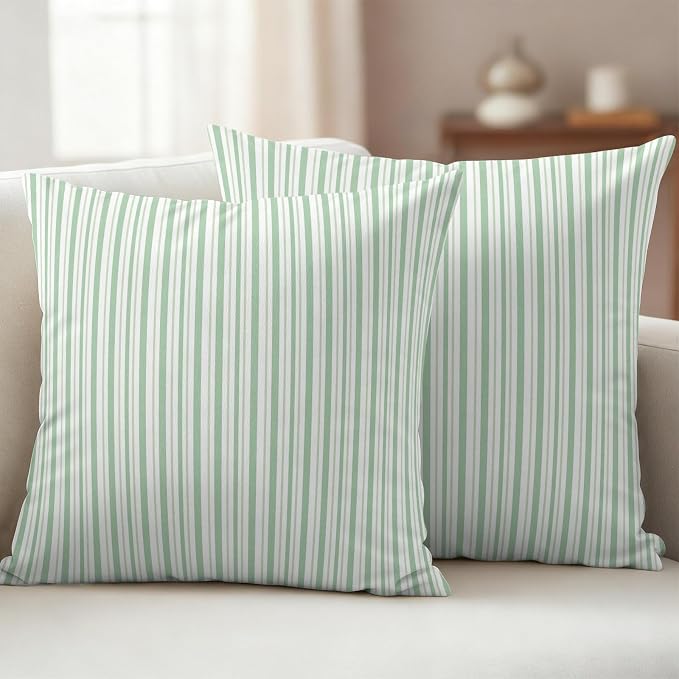 Green Vertical Stripes Waterproof Outdoor Pillow Covers Set of 2 Home Decor, Spring Pinstripes Apricot Lines Pillowcase Patio Pillow Covers for Couch Bench Patio Furniture Garden 24x24in