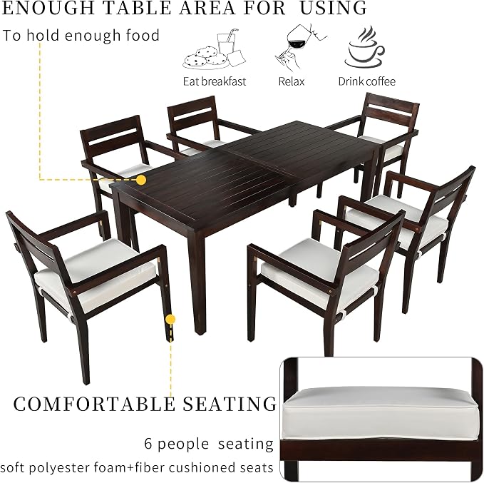7 Piece Patio Dining Set, 70.9" Rectangular Acacia Wood Outdoor Dining Table & 6 Dining Arm Chairs with Cushion, Suitable for Outdoors and Indoors (Dark Brown@015)