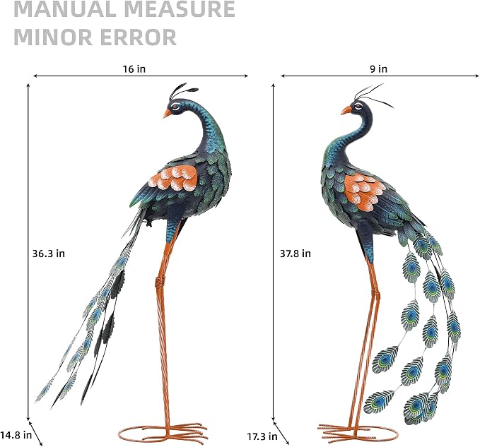 36" Peacock Decor Set of 2, Metal Yard Art Hand-Painted | Oversized Garden Statues & Sculptures for Lawn, Flower Beds, Patio, Backyard , Indoor Kitchen & Home Decor,Weatherproof
