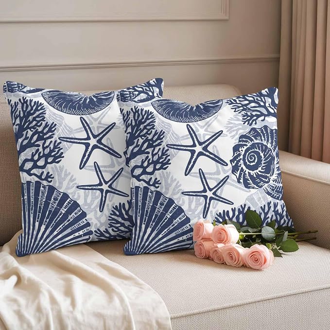 Outdoor Pillow Covers 16x16 Inch Set of 2, Navy Blue Coastal Waterproof Throw Pillow Covers, Beach Starfish Nautical Coral Shell Summer Decorative Cushion Pillowcases for Couch Sofa Bed Garden Patio