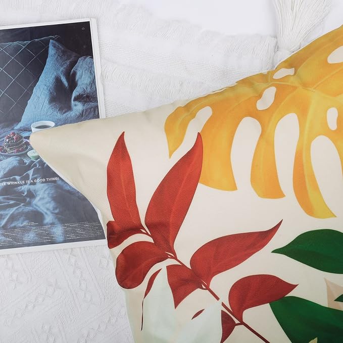Bonhause Tropical Leaves Throw Pillow Covers 18x18 Set of 4 Summer Palm Leaf Sunset Decorative Pillows Case Soft Velvet Cushion Covers for Outdoor Couch Sofa Patio Decor