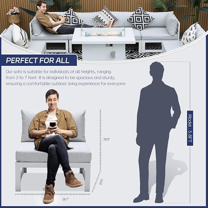 BULEXYARD 6 Person Large Modern Aluminum Outdoor Patio Furniture Set with Fireplace, 29" Wide Deep Seating, U Shaped Combo Sectional Couch, Water Resistant Conversation Set for Backyard Terrace, White